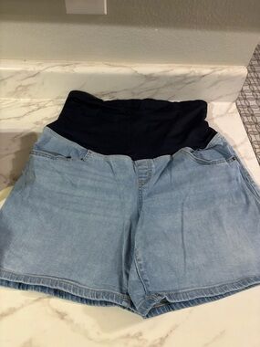 Maternity Denim Shorts with Navy Belly Panel